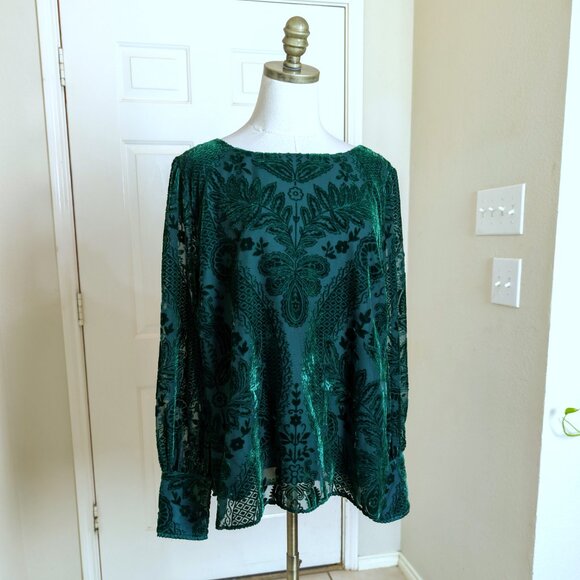 Soft Surroundings Emerald Green Burnout Velvet Blouse Size L Floral Poet Sleeve - Picture 2 of 8